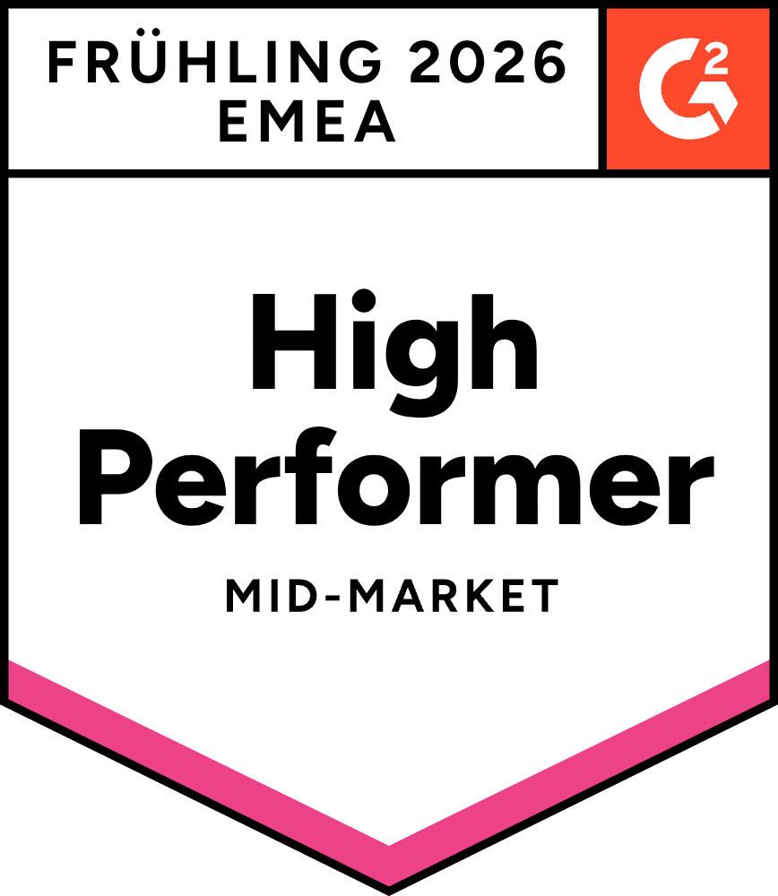 G2 Award Badge: HighPerformer UnternehmenmittlererGröße EMEA HighPerformer