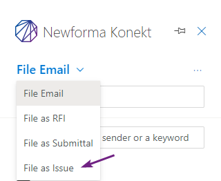 A screenshot of the Newforma Konekt Outlook add-in, and the drop-down menu that lets you file an email as an issue