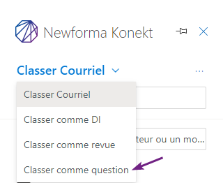 Capture d'écran de la plate-forme Web Newforma Konekt, montrant comment vous pouvez classer vos courriels comme questions