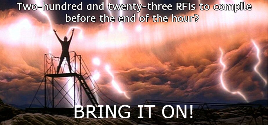 A screenshot of the Nexus -- which looks like a wave of lightning and energy -- from Star Trek: Generations (1994) with a caption that says "“Two hundred and twenty-three RFIs to compile before the end of the hour? BRING IT ON!”