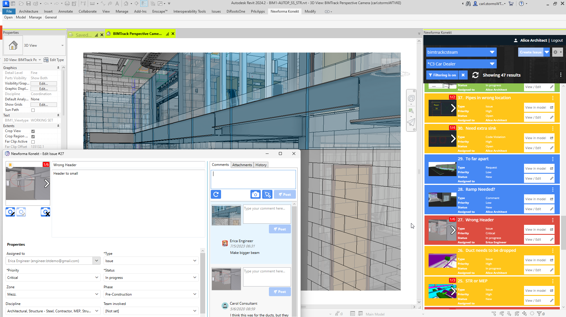 Screenshot of the application Revit with the Newforma Konekt add-on