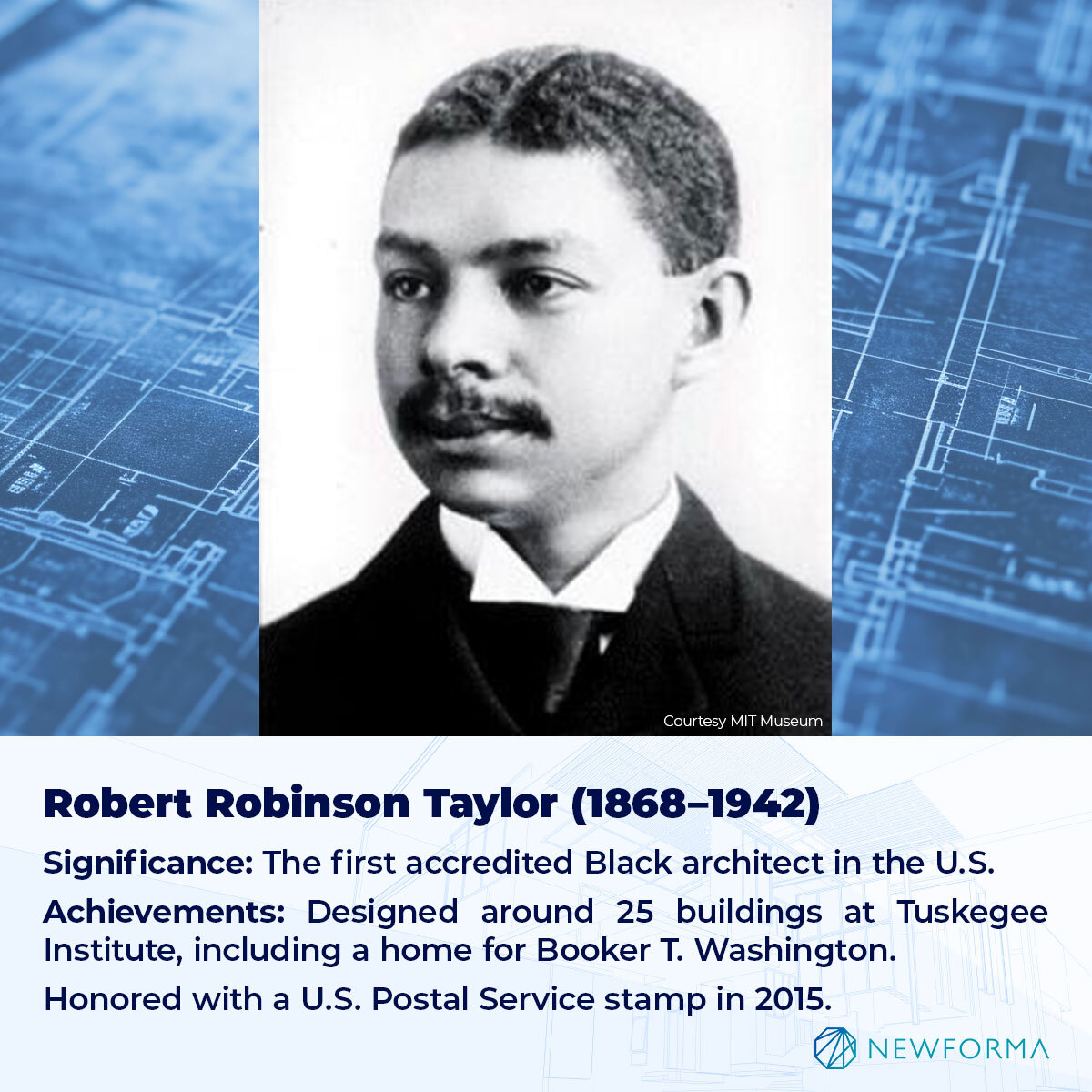 SIGNIFICANCE: THE FIRST ACCREDITED BLACK ARCHITECT IN THE U.S. ACHIEVEMENTS: DESIGNED AROUND 25 BUILDINGS AT TUSKEGEE INSTITUTE, INCLUDING A HOME FOR BOOKER T. WASHINGTON. HONORED WITH A U.S. POSTAL SERVICE STAMP IN 2015. 