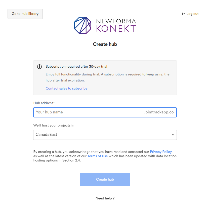 Newforma Konekt Hub Creation Page