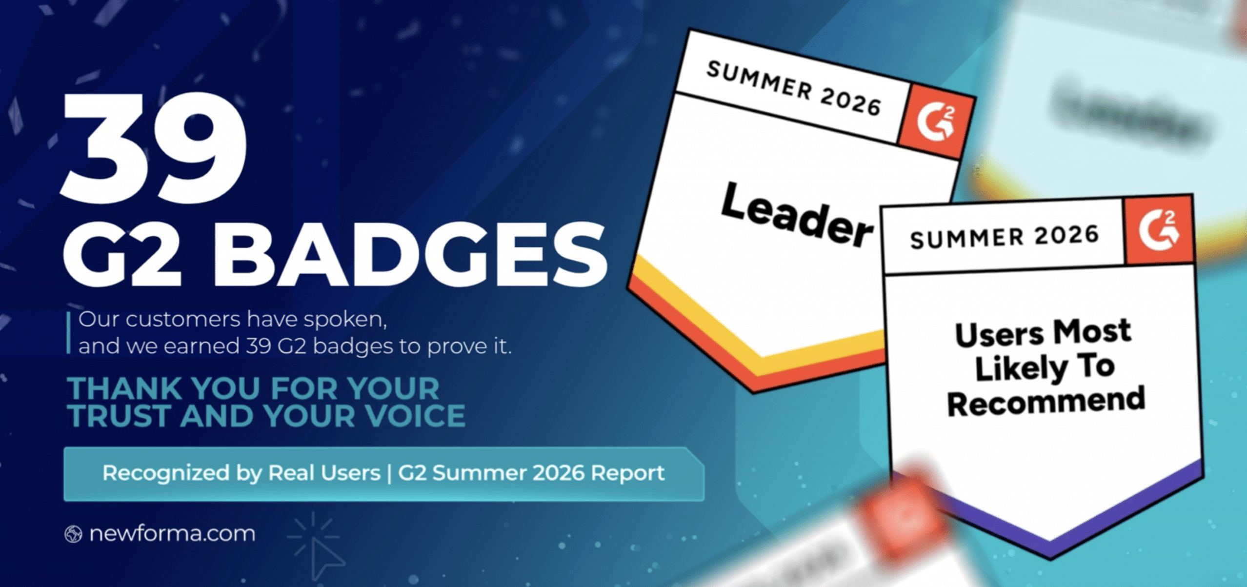 Newforma G2 Summer 2026 badges showcasing 39 recognitions including Best Estimated ROI, High Performer, and Momentum Leader categories
