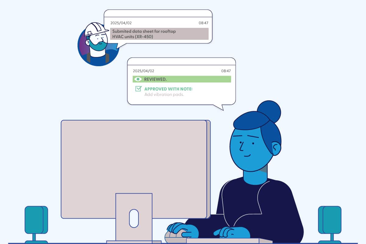 Illustration of an AECO professional reviewing and approving project submittals through a connected digital collaboration workflow.
