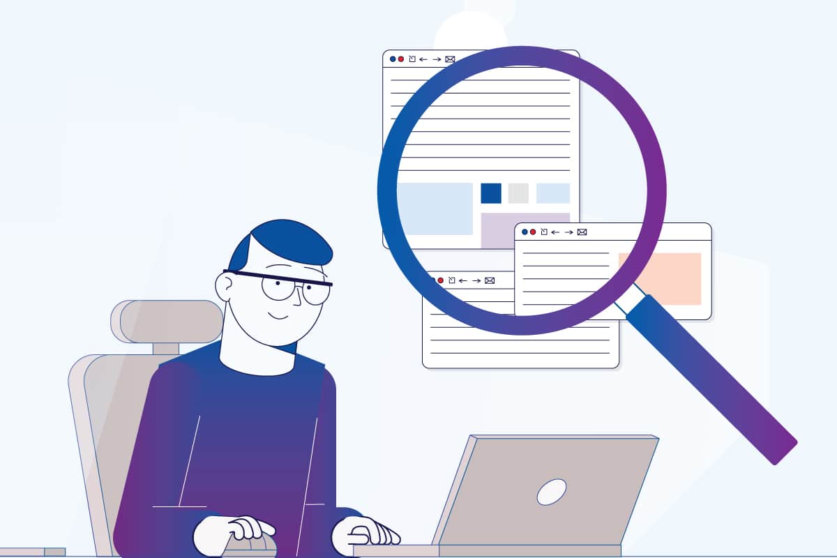 Illustration of an AECO professional reviewing project communications and documents on a laptop with a magnifying glass highlighting searchable project records across multiple projects.