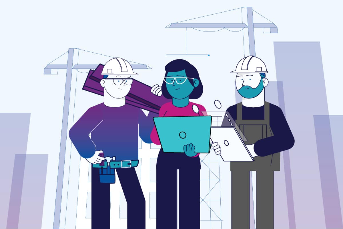 AN IMAGE OF A TEAM LOOKING AT THE SAME SCREEN TOGETHER ON A WORK SITE